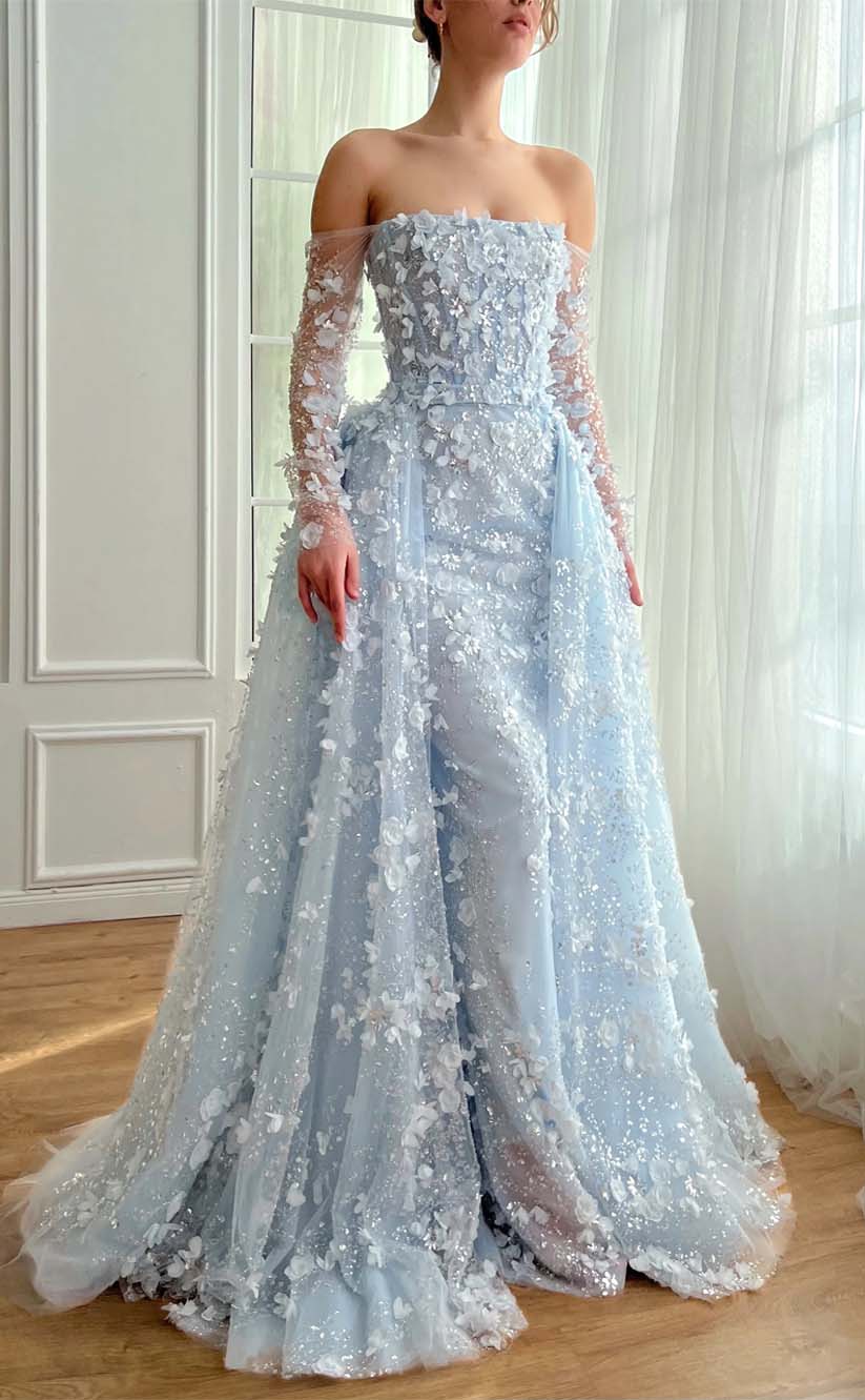 RP2195-Sparkling Sky Blue Mermaid Strapless Sequins Beaded Appliqued Long Sleeves Tulle Prom Evening Dresses Formal Party Gowns
