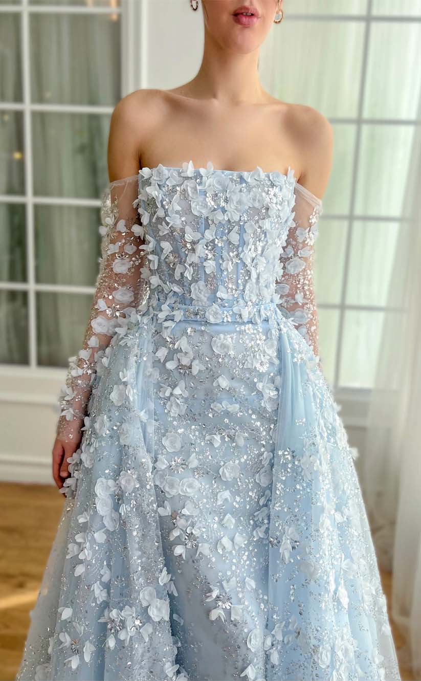RP2195-Sparkling Sky Blue Mermaid Strapless Sequins Beaded Appliqued Long Sleeves Tulle Prom Evening Dresses Formal Party Gowns