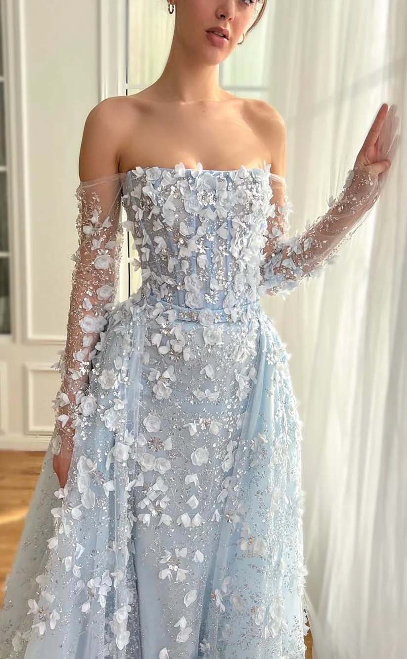 RP2195-Sparkling Sky Blue Mermaid Strapless Sequins Beaded Appliqued Long Sleeves Tulle Prom Evening Dresses Formal Party Gowns
