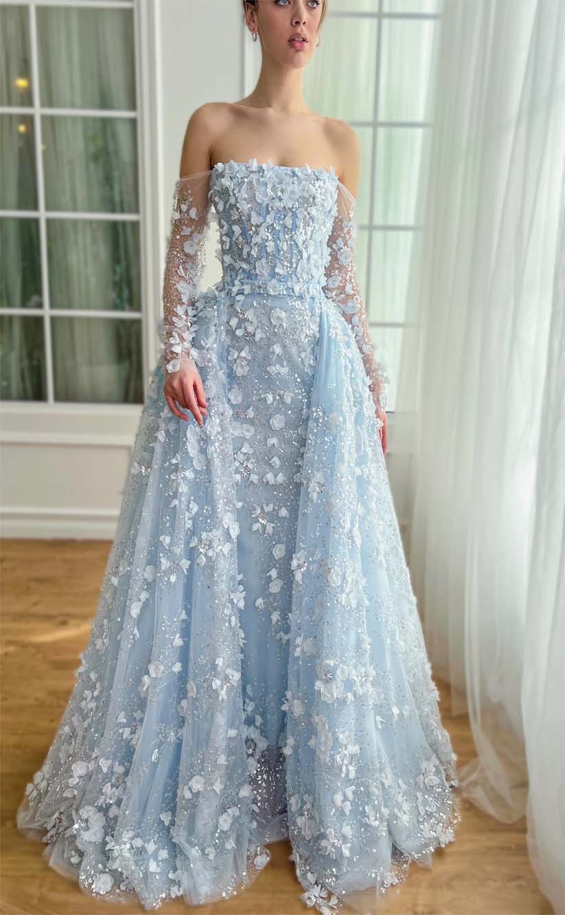 RP2195-Sparkling Sky Blue Mermaid Strapless Sequins Beaded Appliqued Long Sleeves Tulle Prom Evening Dresses Formal Party Gowns
