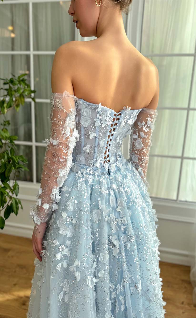 RP2195-Sparkling Sky Blue Mermaid Strapless Sequins Beaded Appliqued Long Sleeves Tulle Prom Evening Dresses Formal Party Gowns