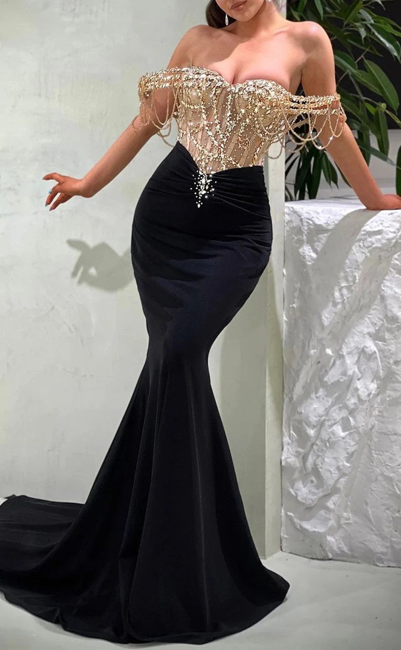 RP1450-Sparkling Black Mermaid Off-the-Shoulder Sequins Tassel Cap Sleeves Prom Evening Dresses Formal Party Gowns With Train