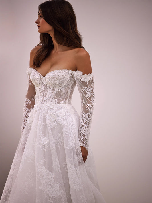 Elegant & Modern A-Line Boho Wedding Dresses Sweetheart Appliqued Beads Long Sleeves Tulle Sweep Train Bridal Gowns Custom