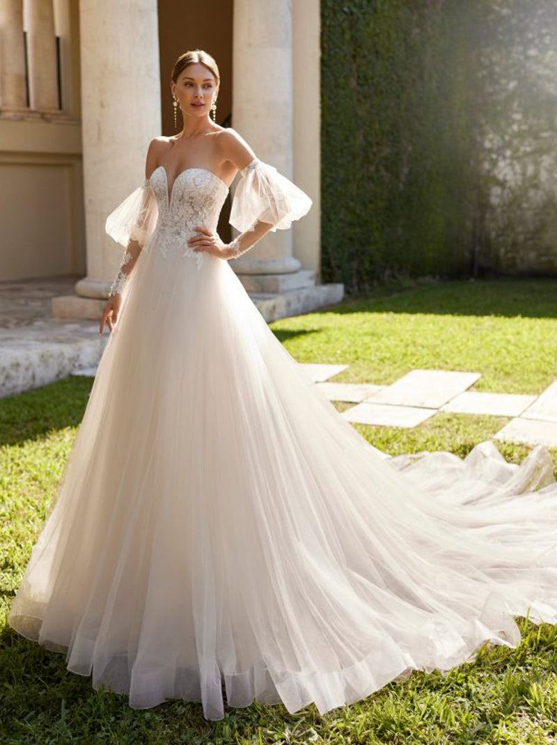 Ivory A-Line Wedding Dresses Sweetheart Appliques Beads Detachable Puffy Sleeves Tulle Court Train Bridal Gowns Custom Made