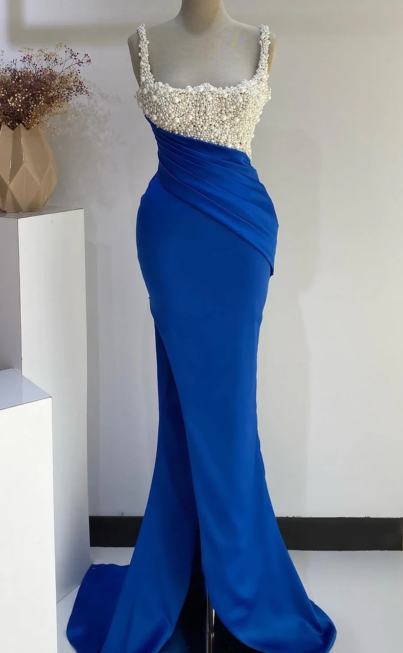 RP400-Sparkling Royal Blue Mermaid Spaghetti Perals Ruched Sleeveless Long Prom Evening Dresses Formal Party Gowns With Side Slit