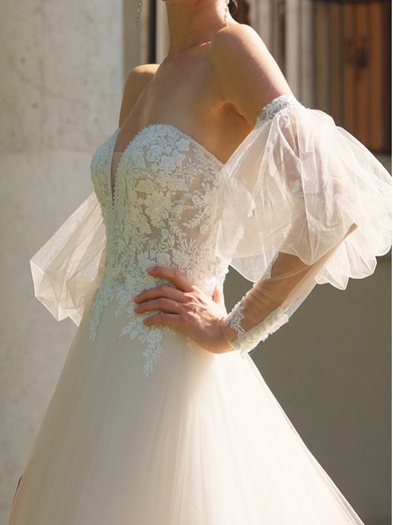 Ivory A-Line Wedding Dresses Sweetheart Appliques Beads Detachable Puffy Sleeves Tulle Court Train Bridal Gowns Custom Made