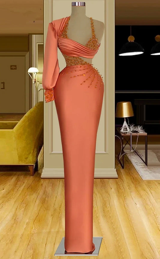 RP357-Orange Mermaid Halter Pleated Crystals One Long Sleeve Prom Evening Dresses Formal Party Gowns