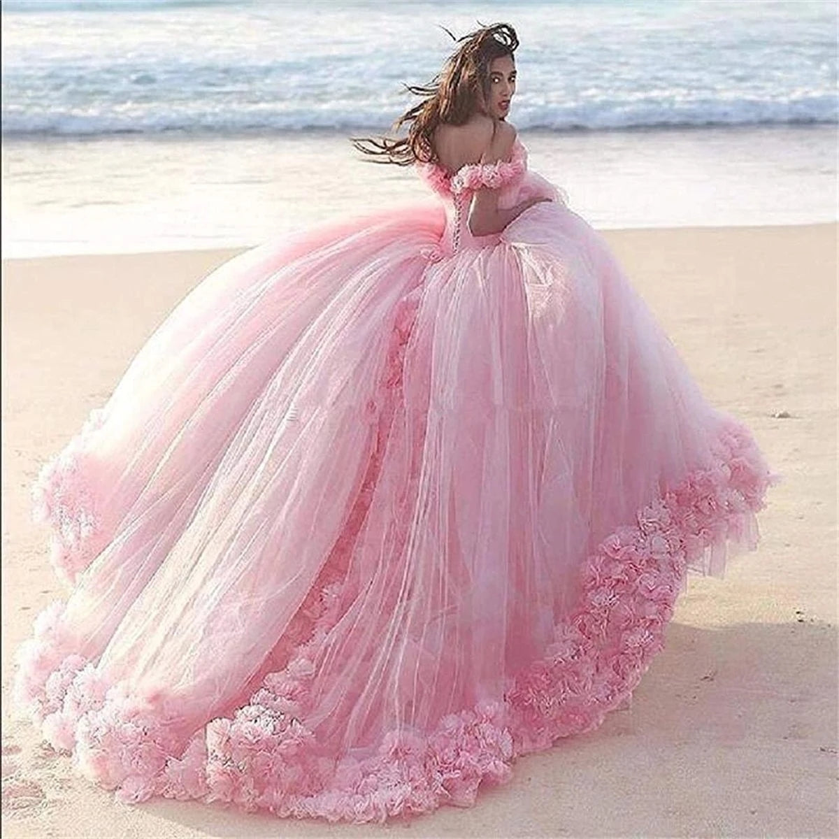 Pink Quinceanera Dresses Ball Gown Lace up 3D Flowers Princess Corset Tulle Sparkles Sweet 16 Dresses Vestido De Debutante Vestidos