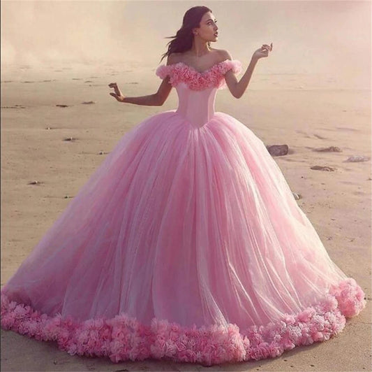 Pink Quinceanera Dresses Ball Gown Lace up 3D Flowers Princess Corset Tulle Sparkles Sweet 16 Dresses Vestido De Debutante Vestidos