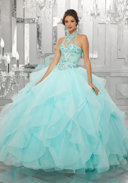 Pink Coral Ball Gowns Beaded Embroidery Beads Ruffles Lace up Organza Quinceanera Dresses