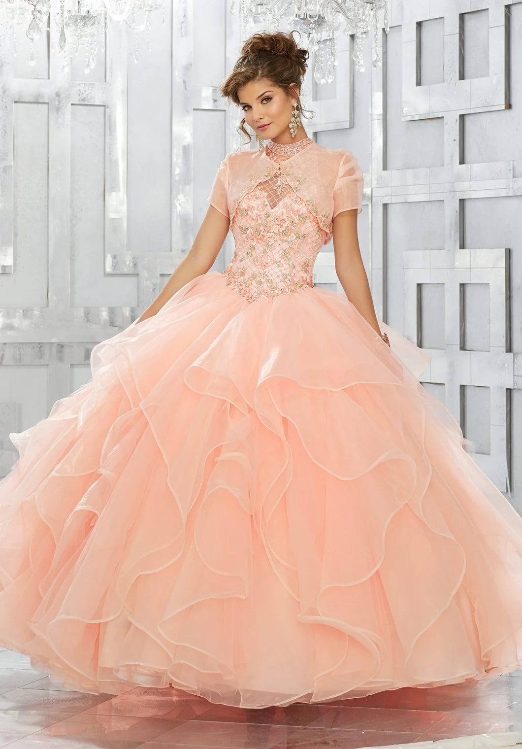 Pink Coral Ball Gowns Beaded Embroidery Beads Ruffles Lace up Organza Quinceanera Dresses