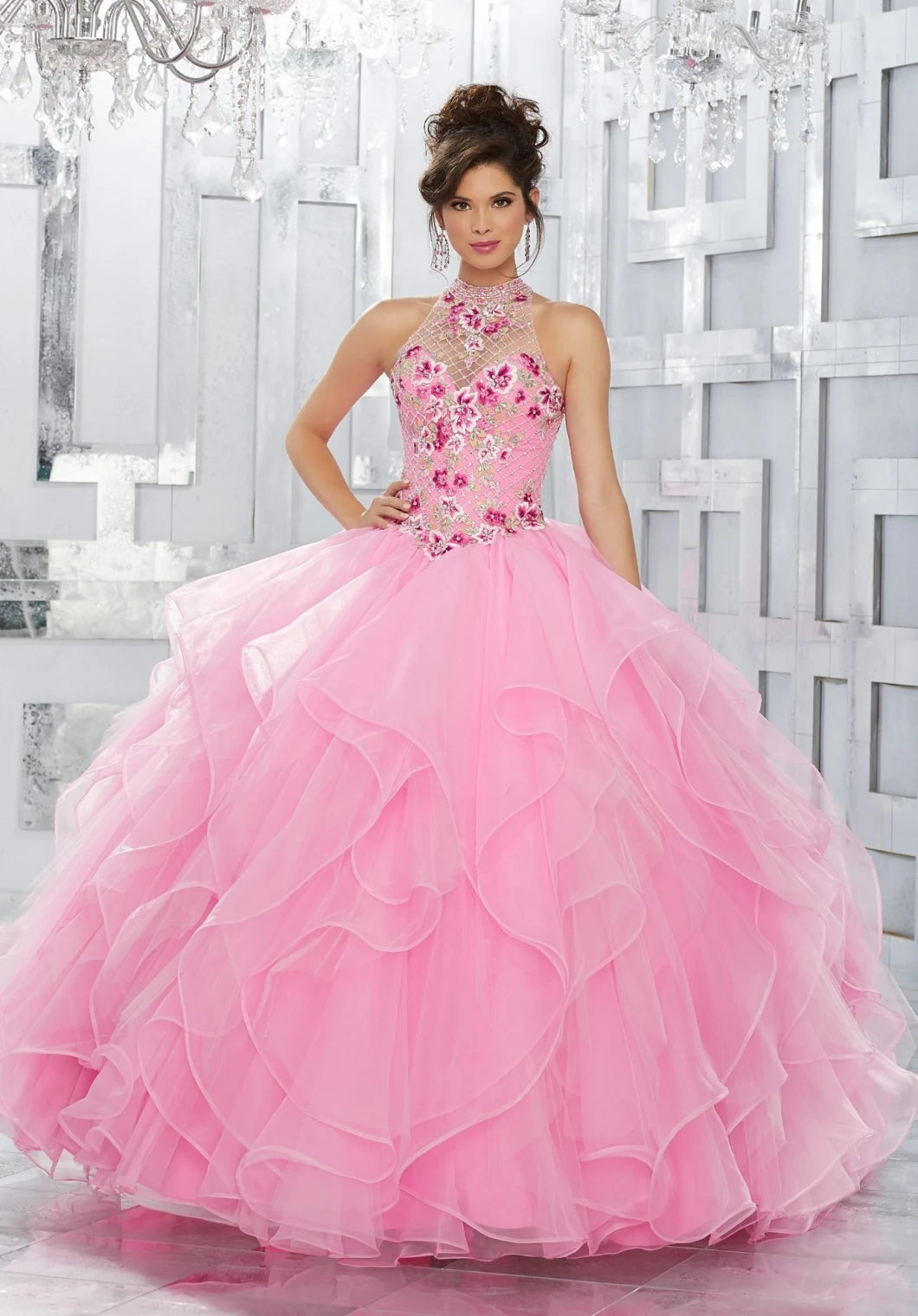 Pink Coral Ball Gowns Beaded Embroidery Beads Ruffles Lace up Organza Quinceanera Dresses