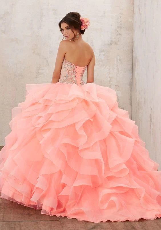 Organza Ball Gowns Coral Tulle Crystal Appliques Lace up Quinceanera Dress