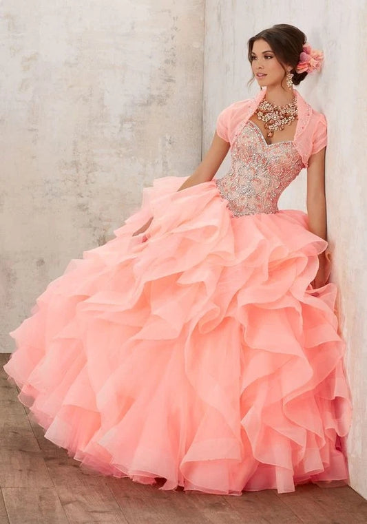 Organza Ball Gowns Coral Tulle Crystal Appliques Lace up Quinceanera Dress